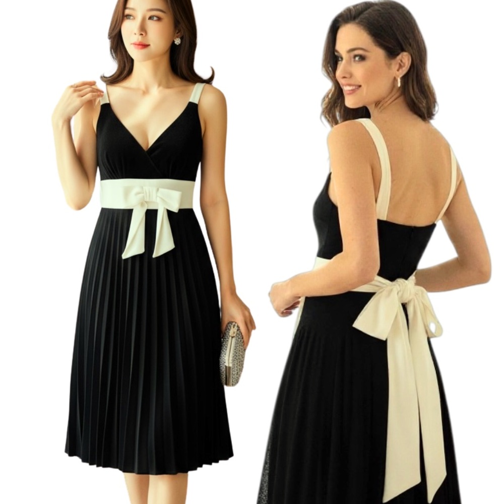 Ruby Rox Fit & Flare Cocktail Dress Juniors M Black Ivory Bow Pleated Spring